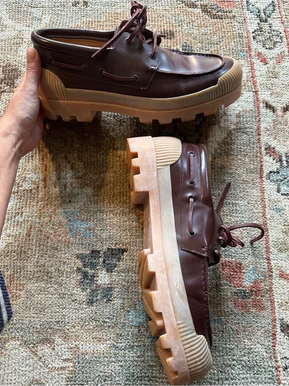 Acne Studio Men’s Burgundy Leather Lug-Sole Boat Shoes Limited edition